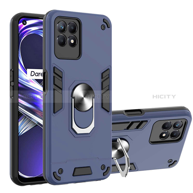 Funda Bumper Silicona y Plastico Mate Carcasa con Magnetico Anillo de dedo Soporte Y01B para Realme 8i Azul