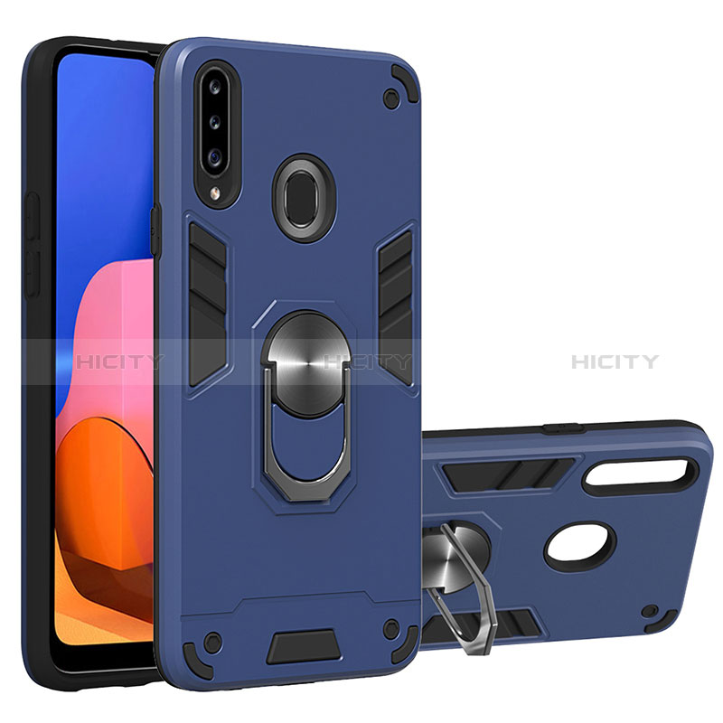 Funda Bumper Silicona y Plastico Mate Carcasa con Magnetico Anillo de dedo Soporte Y01B para Samsung Galaxy A20s Azul