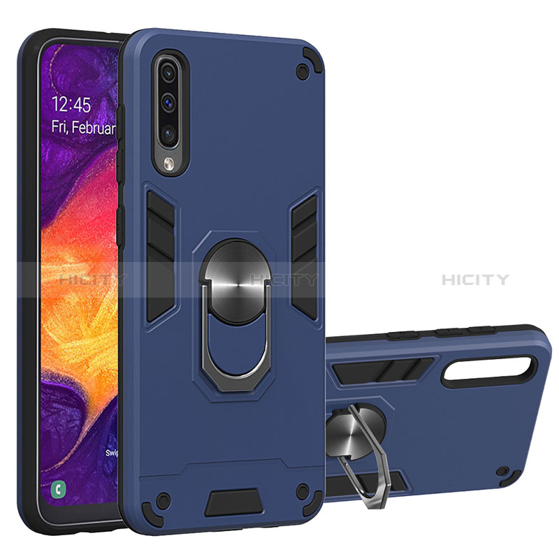 Funda Bumper Silicona y Plastico Mate Carcasa con Magnetico Anillo de dedo Soporte Y01B para Samsung Galaxy A30S Azul