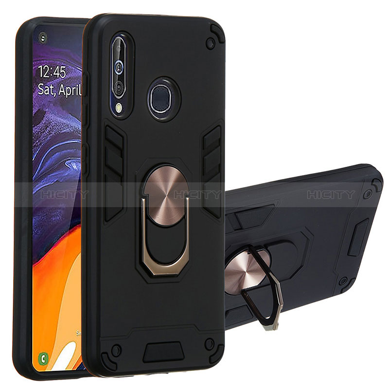 Funda Bumper Silicona y Plastico Mate Carcasa con Magnetico Anillo de dedo Soporte Y01B para Samsung Galaxy A60 Negro