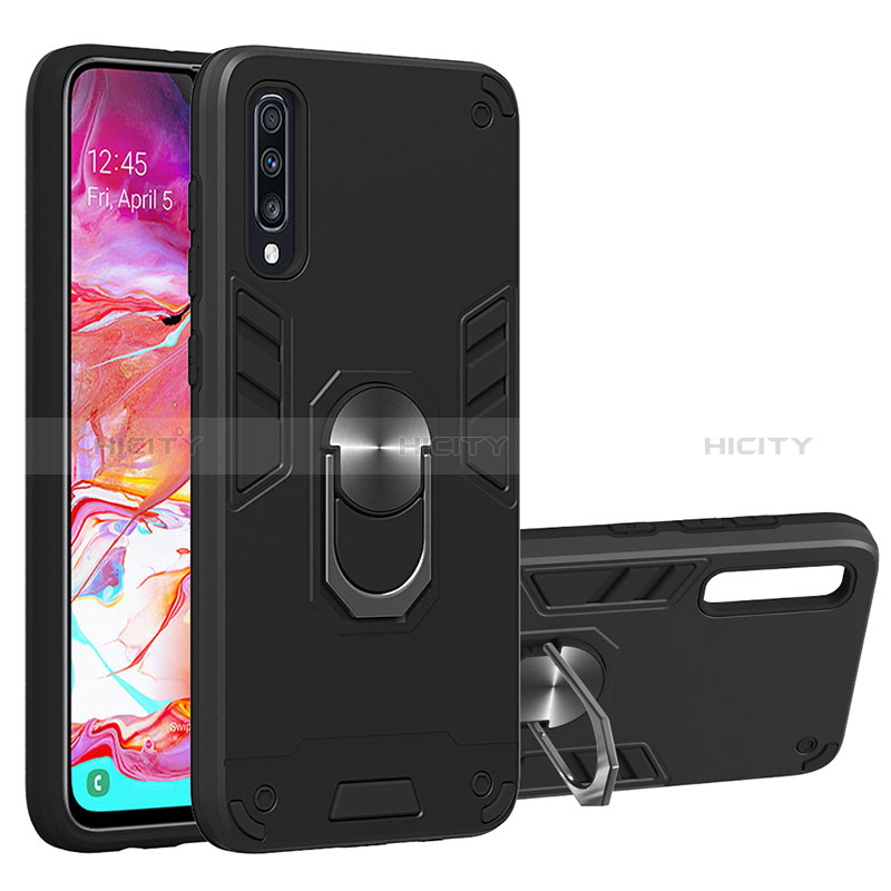 Funda Bumper Silicona y Plastico Mate Carcasa con Magnetico Anillo de dedo Soporte Y01B para Samsung Galaxy A70 Negro