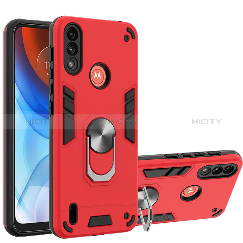 Funda Bumper Silicona y Plastico Mate Carcasa con Magnetico Anillo de dedo Soporte YB1 para Motorola Moto E7 Power Rojo