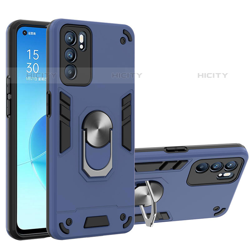 Funda Bumper Silicona y Plastico Mate Carcasa con Magnetico Anillo de dedo Soporte YB1 para Oppo Reno6 5G Azul