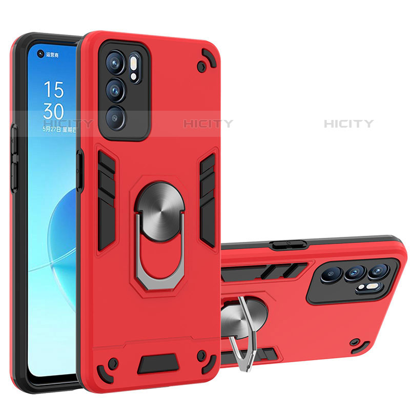 Funda Bumper Silicona y Plastico Mate Carcasa con Magnetico Anillo de dedo Soporte YB1 para Oppo Reno6 5G Rojo