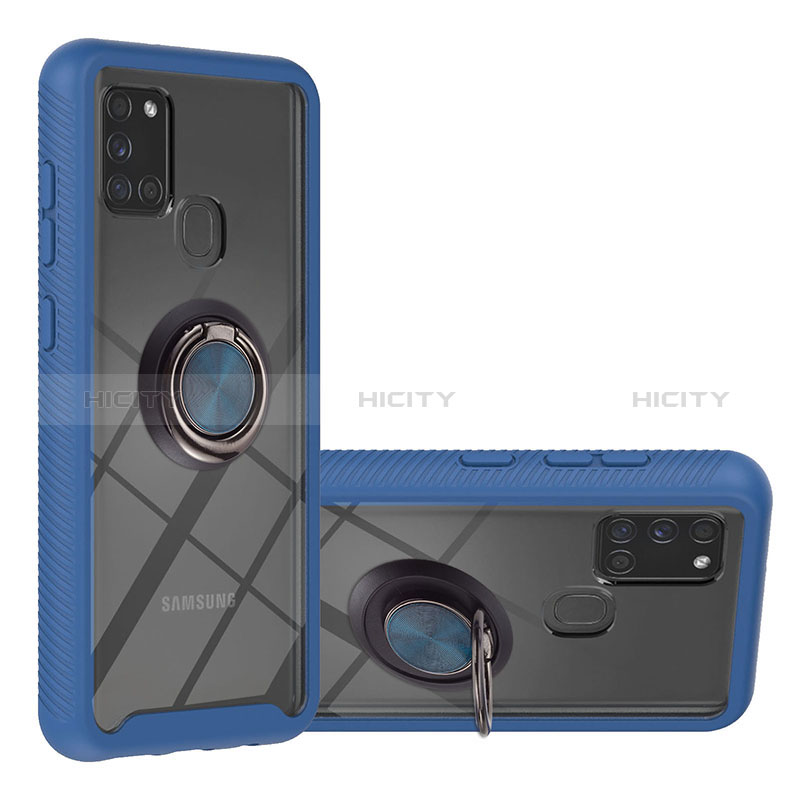 Funda Bumper Silicona y Plastico Mate Carcasa con Magnetico Anillo de dedo Soporte YB1 para Samsung Galaxy A21s Azul