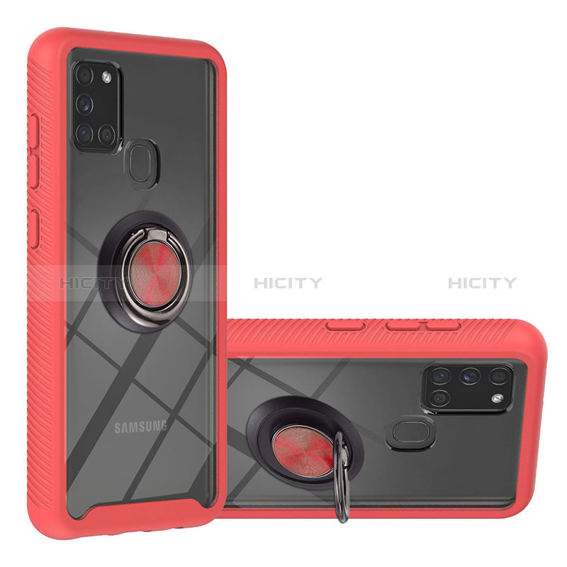 Funda Bumper Silicona y Plastico Mate Carcasa con Magnetico Anillo de dedo Soporte YB1 para Samsung Galaxy A21s Rojo