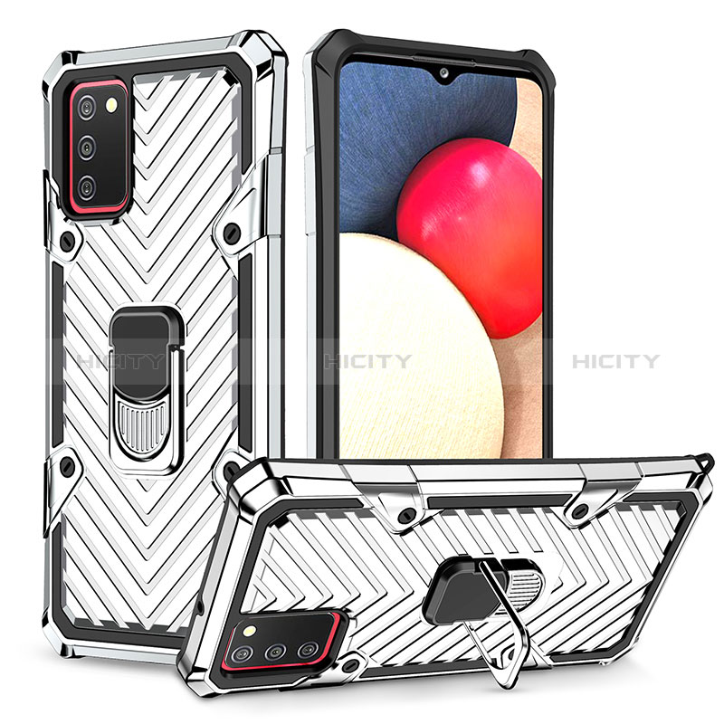 Funda Bumper Silicona y Plastico Mate Carcasa con Magnetico Anillo de dedo Soporte YF1 para Samsung Galaxy A02s Plata