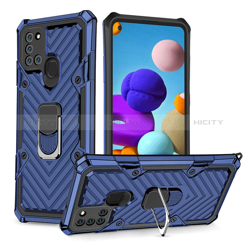 Funda Bumper Silicona y Plastico Mate Carcasa con Magnetico Anillo de dedo Soporte YF1 para Samsung Galaxy A21s Azul