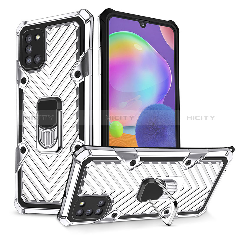 Funda Bumper Silicona y Plastico Mate Carcasa con Magnetico Anillo de dedo Soporte YF1 para Samsung Galaxy A31 Plata