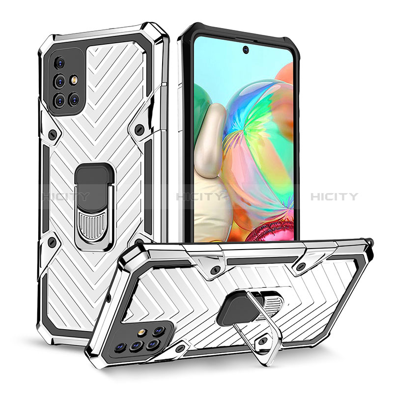 Funda Bumper Silicona y Plastico Mate Carcasa con Magnetico Anillo de dedo Soporte YF1 para Samsung Galaxy A71 5G Plata