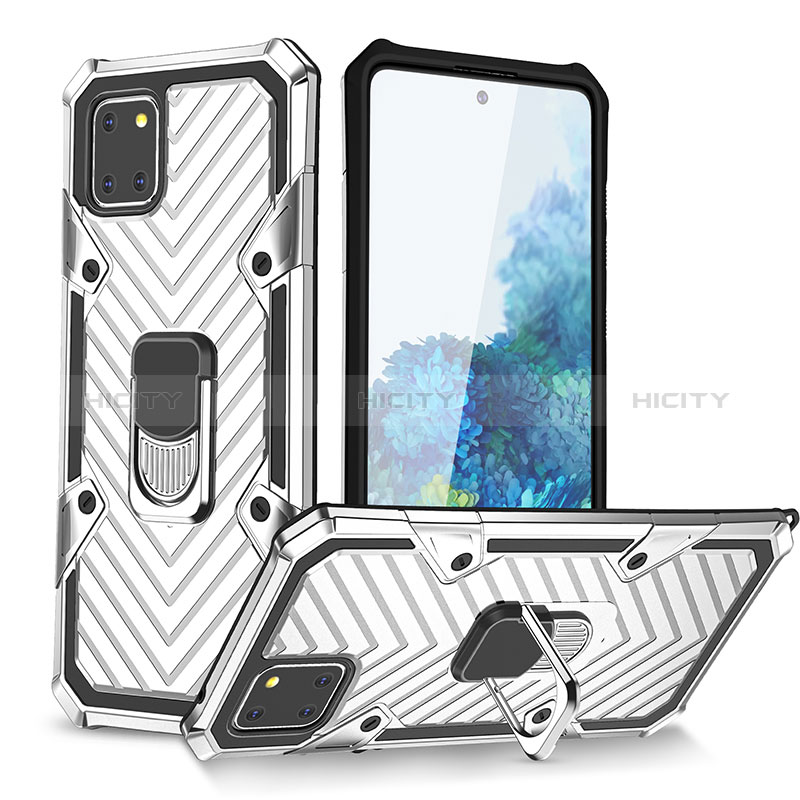 Funda Bumper Silicona y Plastico Mate Carcasa con Magnetico Anillo de dedo Soporte YF1 para Samsung Galaxy A81 Plata