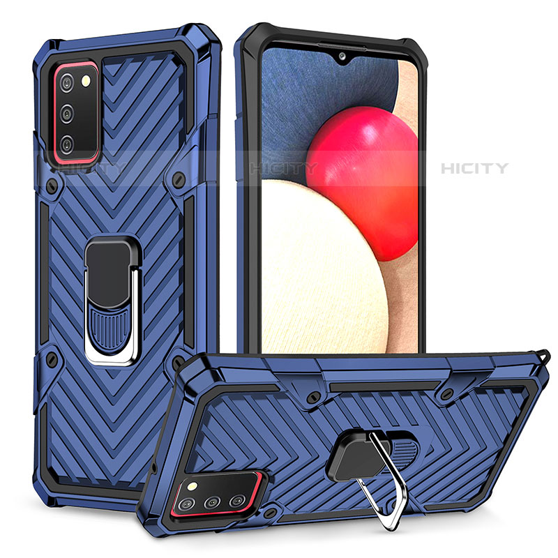 Funda Bumper Silicona y Plastico Mate Carcasa con Magnetico Anillo de dedo Soporte YF1 para Samsung Galaxy M02s Azul