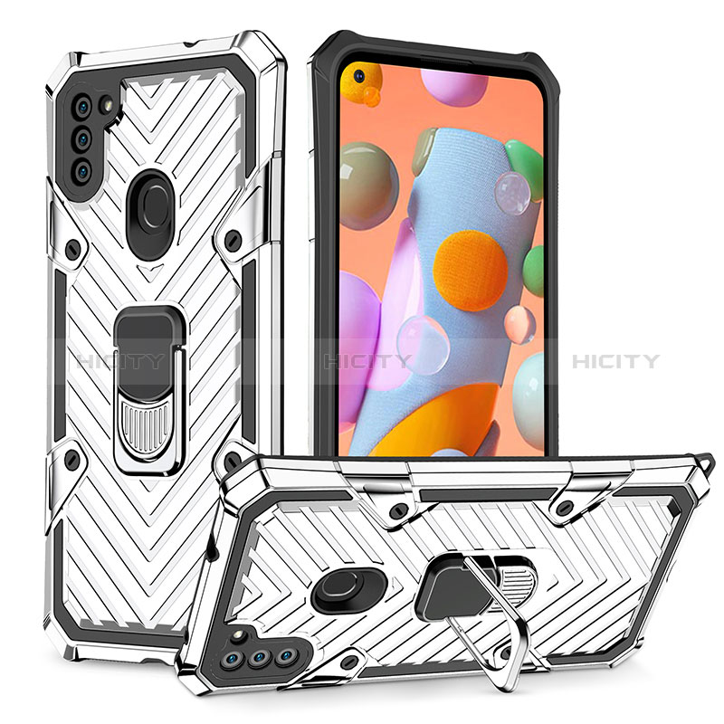 Funda Bumper Silicona y Plastico Mate Carcasa con Magnetico Anillo de dedo Soporte YF1 para Samsung Galaxy M11 Plata