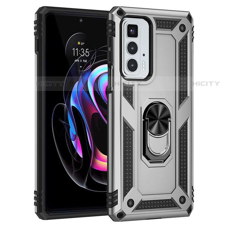 Funda Bumper Silicona y Plastico Mate Carcasa con Magnetico Anillo de dedo Soporte Z01 para Motorola Moto Edge 20 Pro 5G Plata