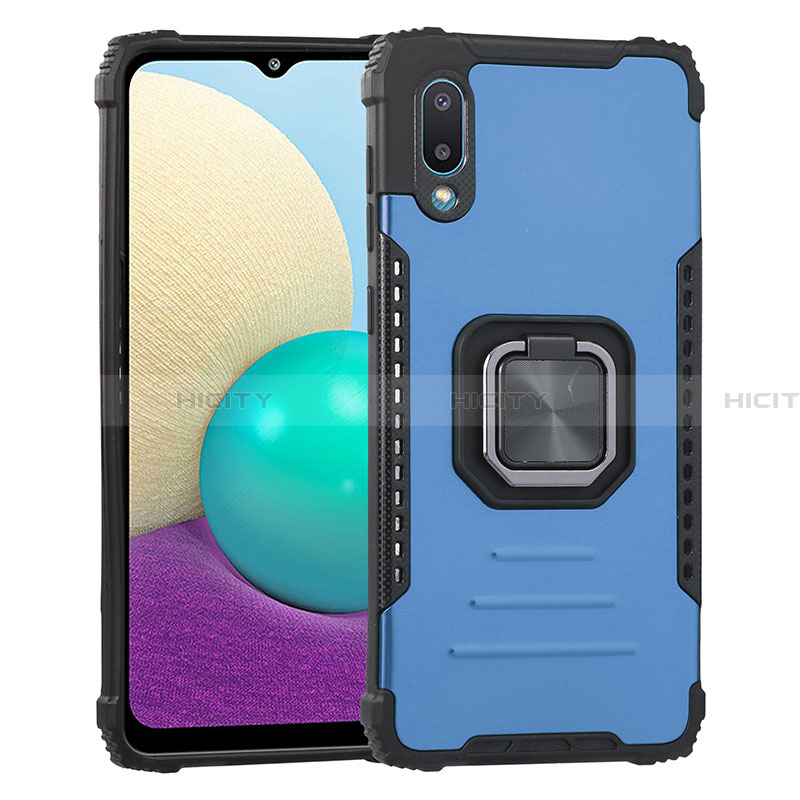 Funda Bumper Silicona y Plastico Mate Carcasa con Magnetico Anillo de dedo Soporte ZJ1 para Samsung Galaxy A02 Azul