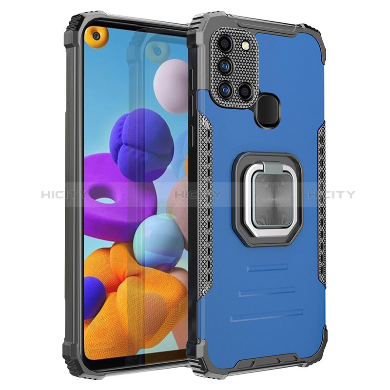 Funda Bumper Silicona y Plastico Mate Carcasa con Magnetico Anillo de dedo Soporte ZJ2 para Samsung Galaxy A21s Azul