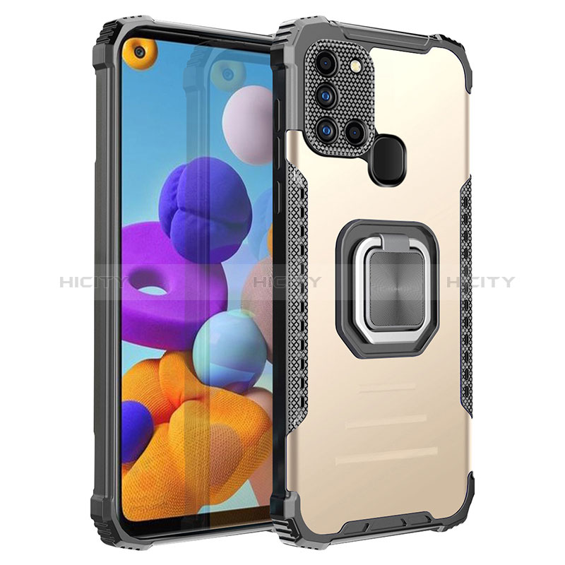 Funda Bumper Silicona y Plastico Mate Carcasa con Magnetico Anillo de dedo Soporte ZJ2 para Samsung Galaxy A21s Oro