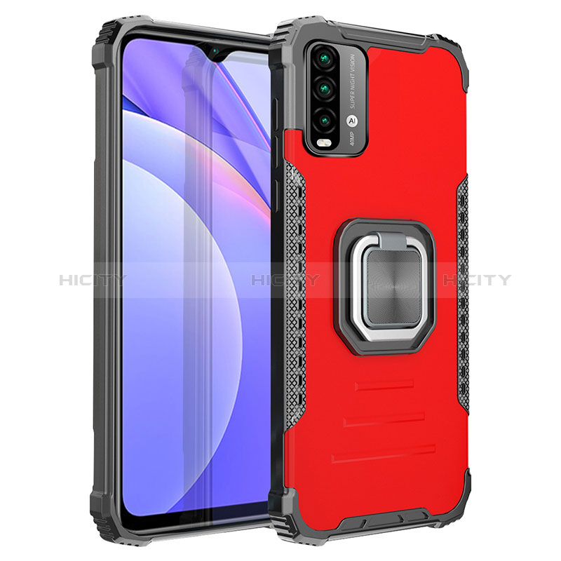 Funda Bumper Silicona y Plastico Mate Carcasa con Magnetico Anillo de dedo Soporte ZJ2 para Xiaomi Redmi Note 9 4G Rojo