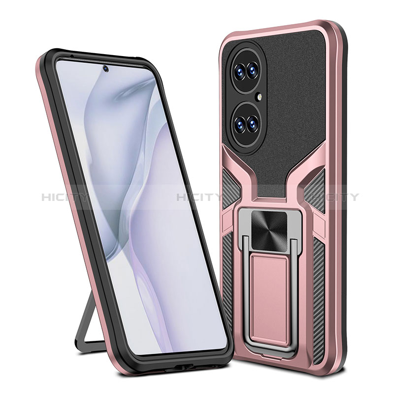 Funda Bumper Silicona y Plastico Mate Carcasa con Magnetico Anillo de dedo Soporte ZL1 para Huawei P50 Oro Rosa