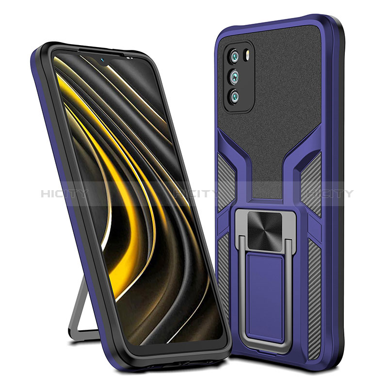 Funda Bumper Silicona y Plastico Mate Carcasa con Magnetico Anillo de dedo Soporte ZL1 para Xiaomi Poco M3 Azul