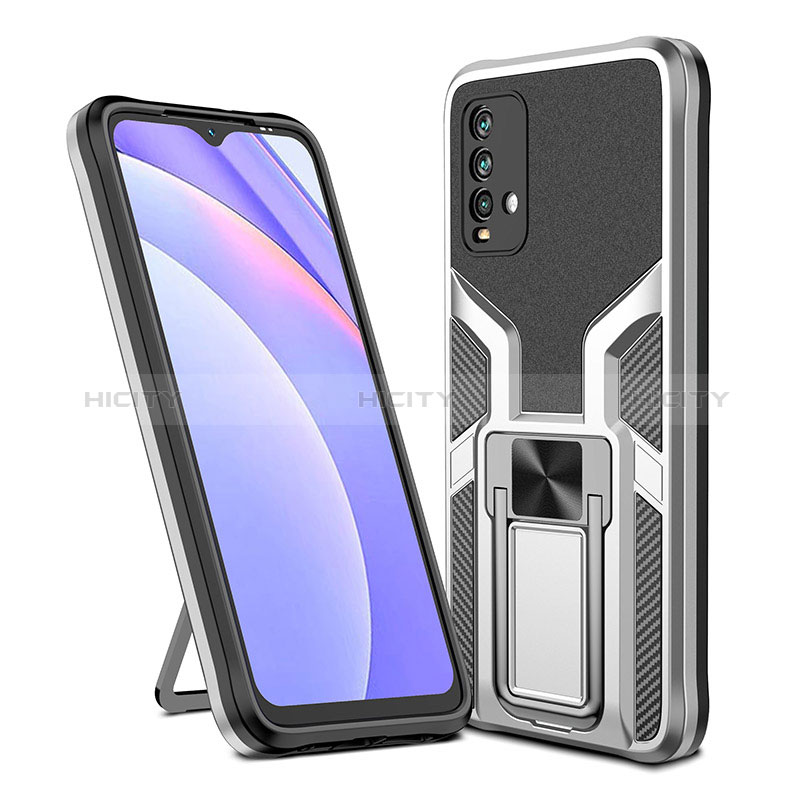 Funda Bumper Silicona y Plastico Mate Carcasa con Magnetico Anillo de dedo Soporte ZL1 para Xiaomi Redmi 9 Power Plata