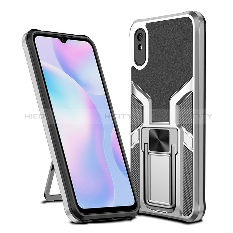 Funda Bumper Silicona y Plastico Mate Carcasa con Magnetico Anillo de dedo Soporte ZL1 para Xiaomi Redmi 9i Plata