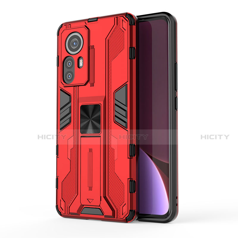 Funda Bumper Silicona y Plastico Mate Carcasa con Magnetico Soporte A02 para Xiaomi Mi 12 5G Rojo
