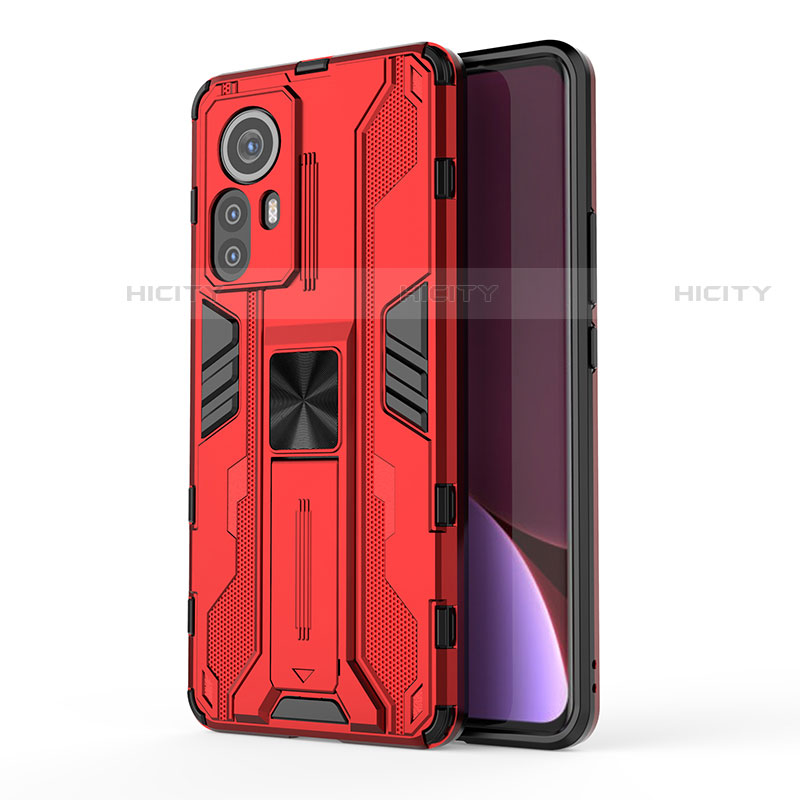 Funda Bumper Silicona y Plastico Mate Carcasa con Magnetico Soporte A02 para Xiaomi Mi 12 Lite 5G Rojo