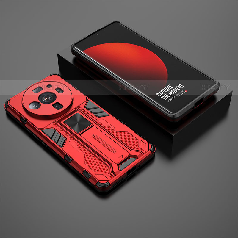 Funda Bumper Silicona y Plastico Mate Carcasa con Magnetico Soporte A02 para Xiaomi Mi 12S Ultra 5G Rojo