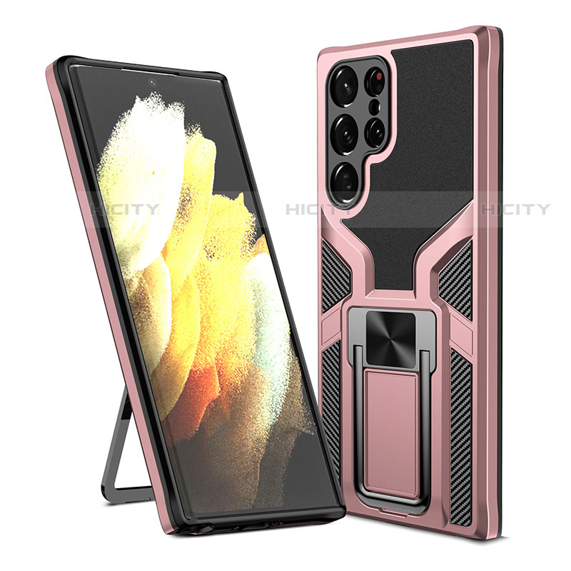 Funda Bumper Silicona y Plastico Mate Carcasa con Magnetico Soporte A05 para Samsung Galaxy S22 Ultra 5G Oro Rosa