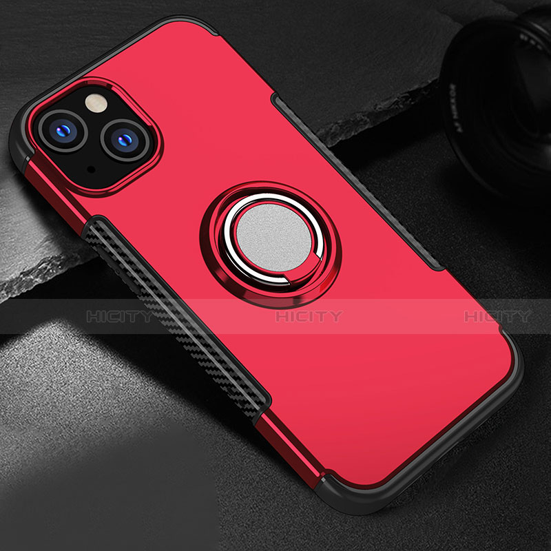 Funda Bumper Silicona y Plastico Mate Carcasa con Magnetico Soporte A08 para Apple iPhone 15 Rojo