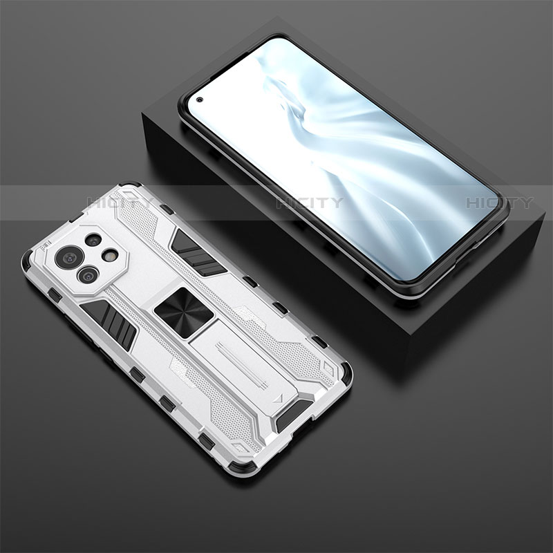 Funda Bumper Silicona y Plastico Mate Carcasa con Magnetico Soporte H03 para Xiaomi Mi 11 5G Blanco