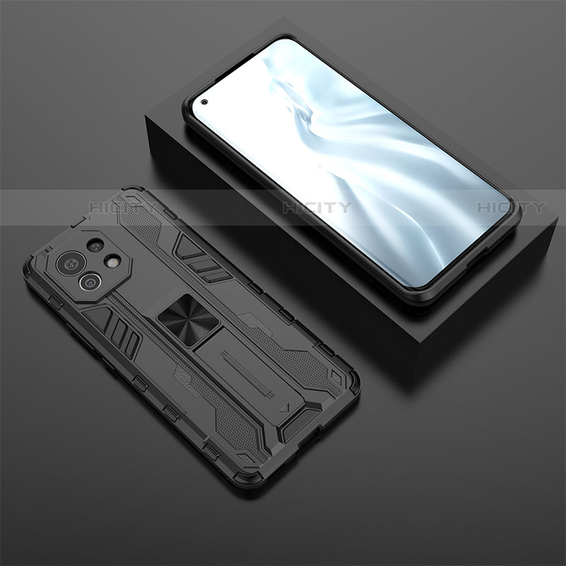 Funda Bumper Silicona y Plastico Mate Carcasa con Magnetico Soporte H03 para Xiaomi Mi 11 5G Negro