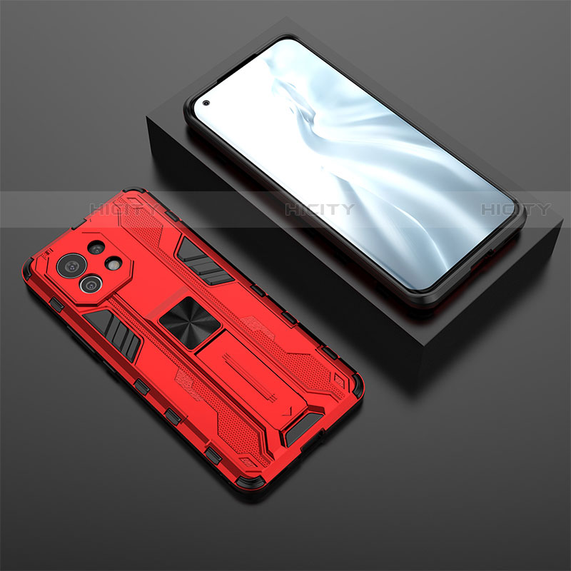 Funda Bumper Silicona y Plastico Mate Carcasa con Magnetico Soporte H03 para Xiaomi Mi 11 5G Rojo