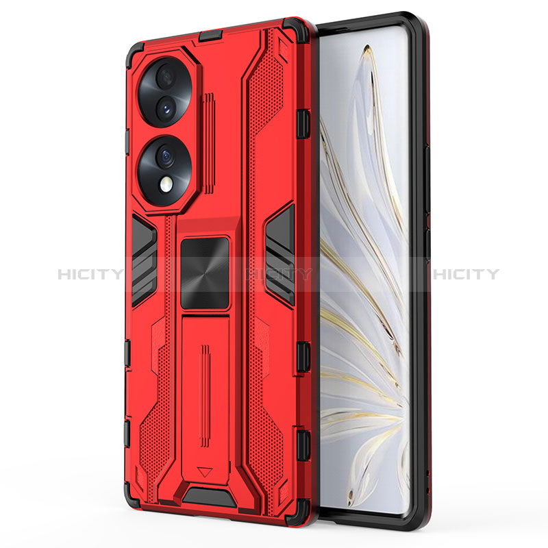 Funda Bumper Silicona y Plastico Mate Carcasa con Magnetico Soporte KC1 para Huawei Honor 70 5G Rojo