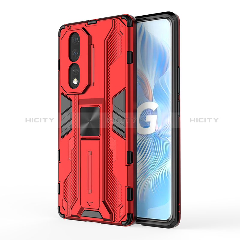 Funda Bumper Silicona y Plastico Mate Carcasa con Magnetico Soporte KC1 para Huawei Honor 80 5G Rojo