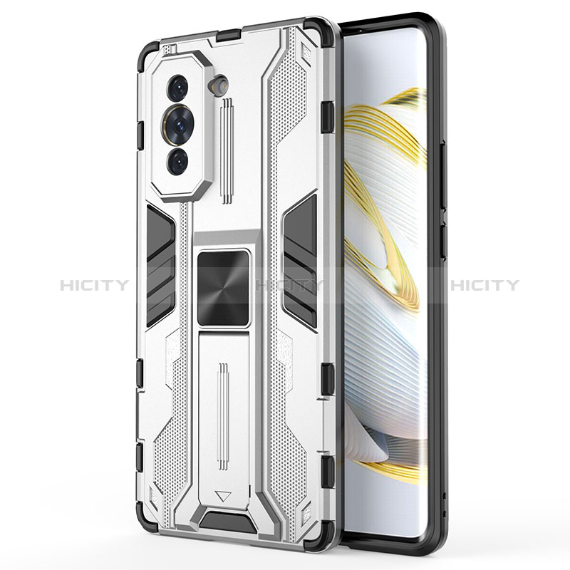 Funda Bumper Silicona y Plastico Mate Carcasa con Magnetico Soporte KC1 para Huawei Nova 10 Plata