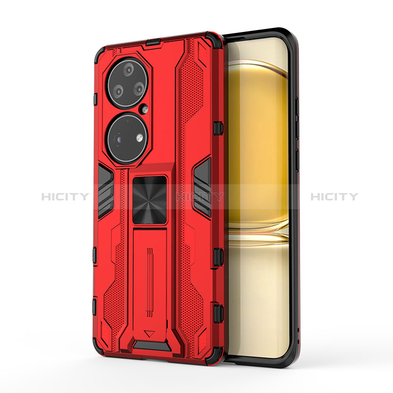 Funda Bumper Silicona y Plastico Mate Carcasa con Magnetico Soporte KC1 para Huawei P50 Pro Rojo