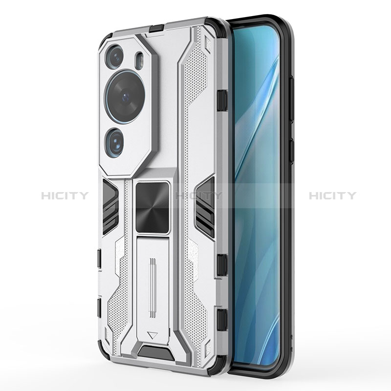 Funda Bumper Silicona y Plastico Mate Carcasa con Magnetico Soporte KC1 para Huawei P60 Art Plata