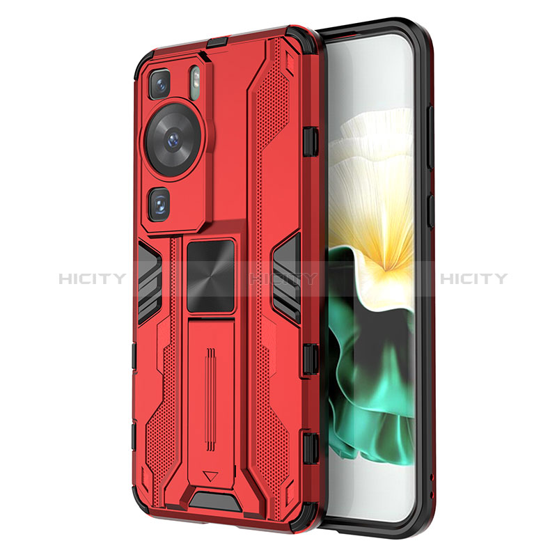 Funda Bumper Silicona y Plastico Mate Carcasa con Magnetico Soporte KC1 para Huawei P60 Pro Rojo