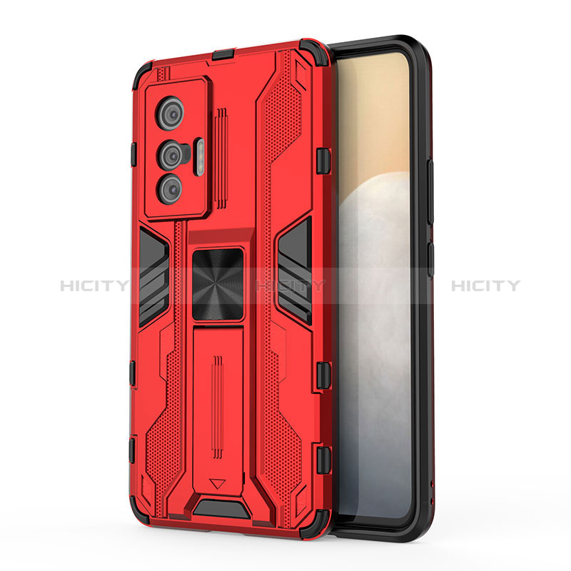 Funda Bumper Silicona y Plastico Mate Carcasa con Magnetico Soporte KC1 para Vivo X70t Rojo