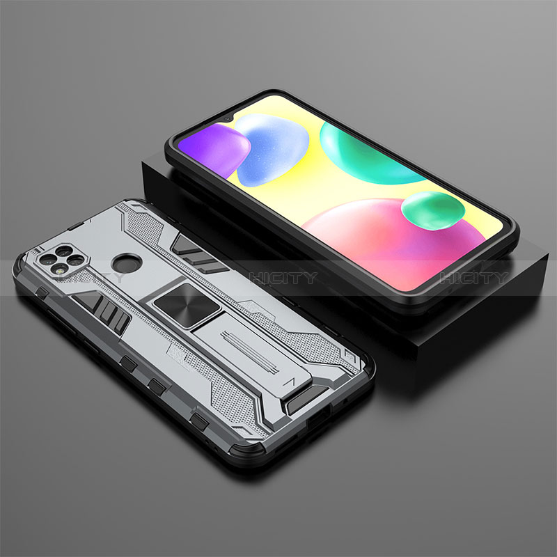 Funda Bumper Silicona y Plastico Mate Carcasa con Magnetico Soporte KC1 para Xiaomi POCO C3 Gris