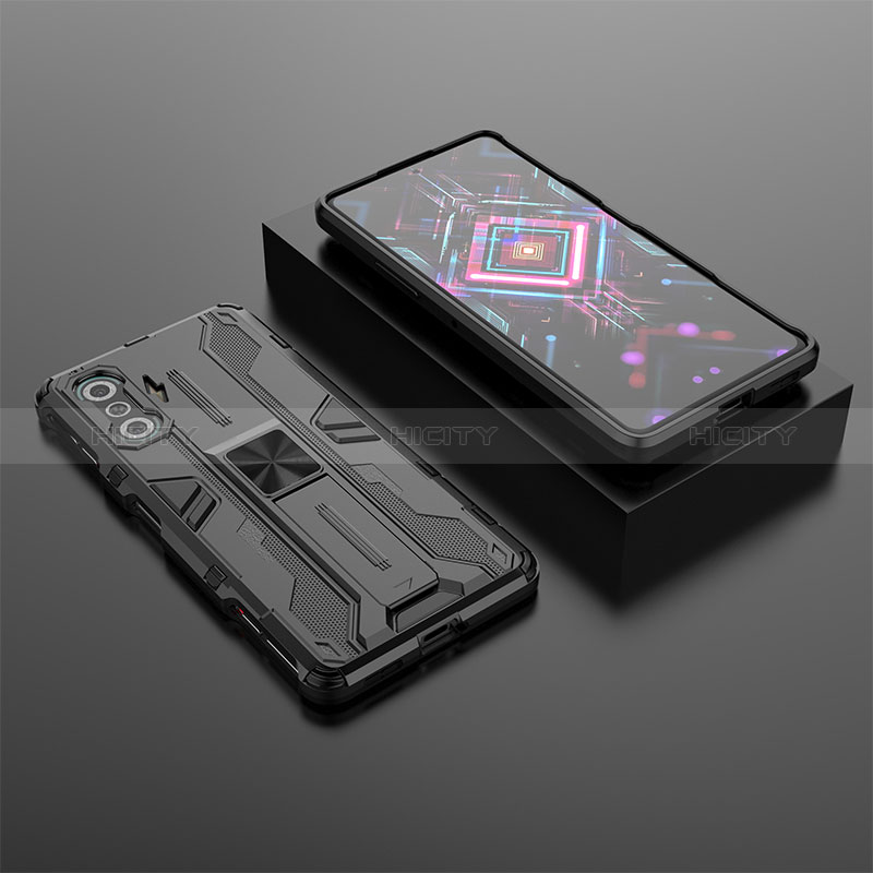 Funda Bumper Silicona y Plastico Mate Carcasa con Magnetico Soporte KC1 para Xiaomi Poco F3 GT 5G Negro