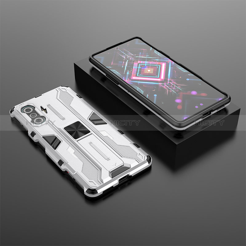 Funda Bumper Silicona y Plastico Mate Carcasa con Magnetico Soporte KC1 para Xiaomi Poco F3 GT 5G Plata