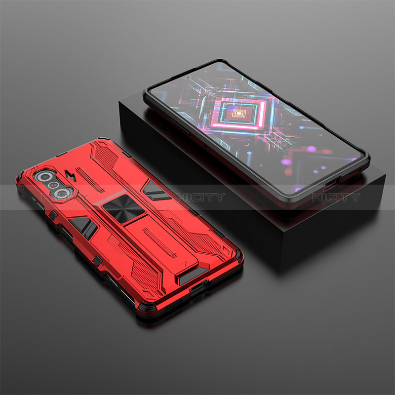 Funda Bumper Silicona y Plastico Mate Carcasa con Magnetico Soporte KC1 para Xiaomi Poco F3 GT 5G Rojo