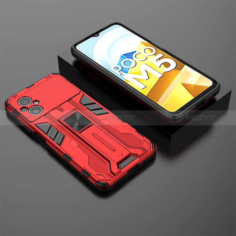 Funda Bumper Silicona y Plastico Mate Carcasa con Magnetico Soporte KC1 para Xiaomi Poco M5 4G Rojo