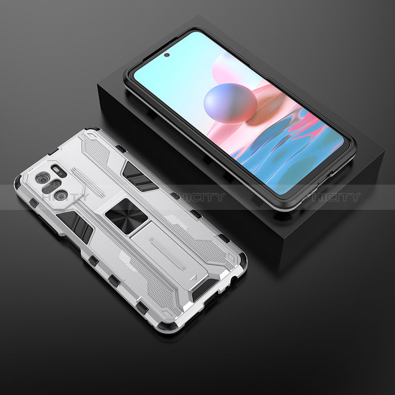 Funda Bumper Silicona y Plastico Mate Carcasa con Magnetico Soporte KC1 para Xiaomi Poco M5S Plata