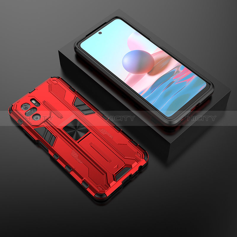 Funda Bumper Silicona y Plastico Mate Carcasa con Magnetico Soporte KC1 para Xiaomi Poco M5S Rojo