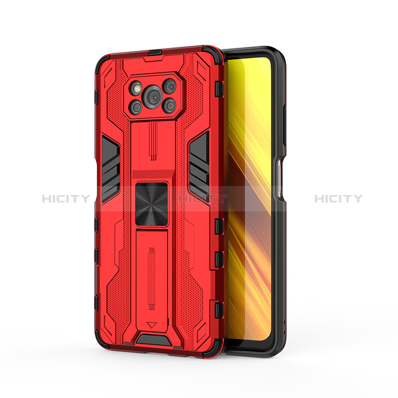 Funda Bumper Silicona y Plastico Mate Carcasa con Magnetico Soporte KC1 para Xiaomi Poco X3 NFC Rojo