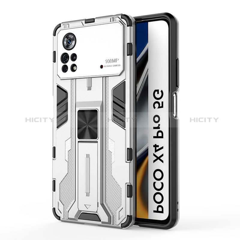 Funda Bumper Silicona y Plastico Mate Carcasa con Magnetico Soporte KC1 para Xiaomi Poco X4 Pro 5G Plata